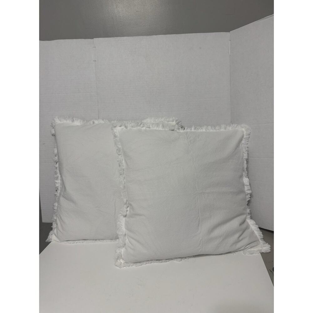 2 18x18 Inch Throw Pillow Covers, White With Fringe